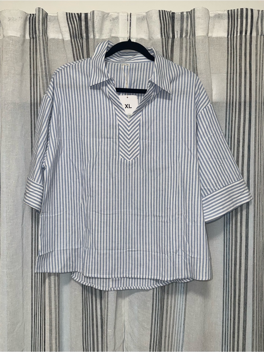 NWT Striped V-Neck Cotton Blouse in Light Blue XL - Picture 2 of 5